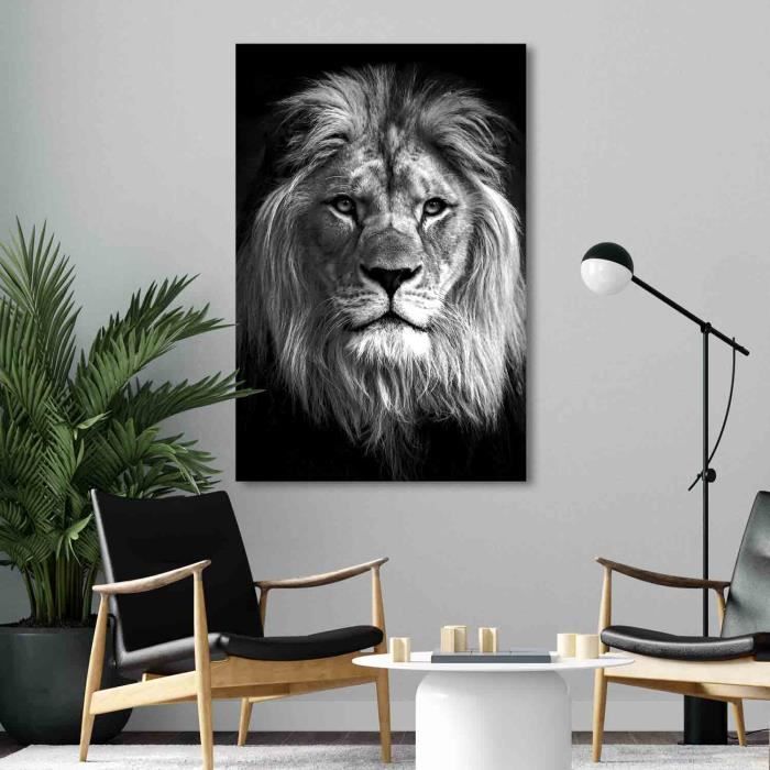 Tableau Mural Lion 80x80cm - Décoration Salon Chambre Toile Tendue Sur Cadre Bois