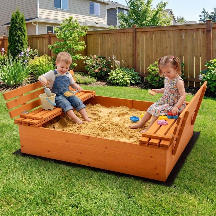 Wiltec Bac à Sable En Bois 98x98x18 Cm – Avec Couvercle Rabattable Et 2 Bancs Dossiers – Jeu Extérieur Pour Enfants