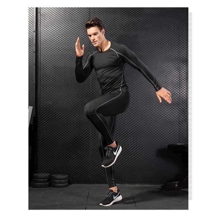 Ensemble de Sport Homme T shirt de Compression et Collant Fitness Stretch Sechage Rapide Blanc