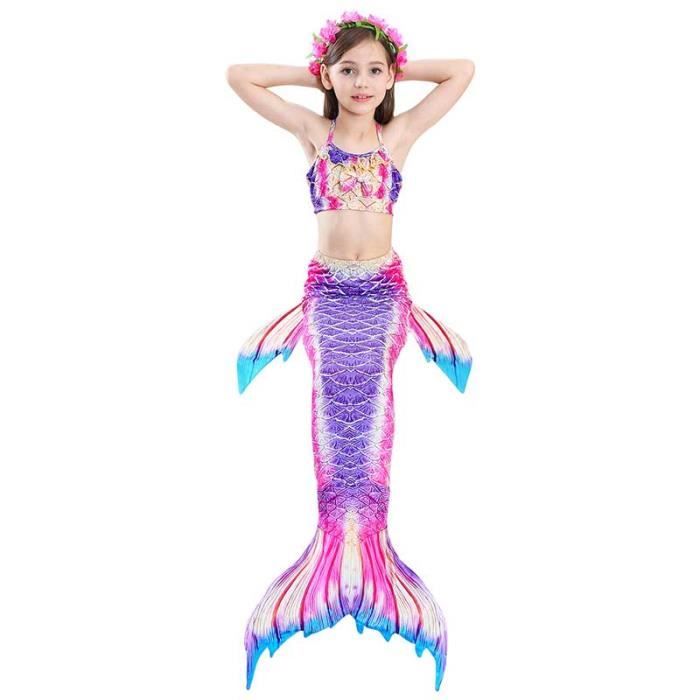 6PCS Ariel Deguisement Sirène Fille Queue de Sirène Enfant avec Monopalme  Petite Sirene Fille Maillot de Bain