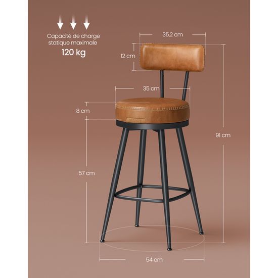 Tabouret de Bar, Lot de 4, Siège Rembourré, PU avec Coutures, Style Moderne Mi-siècle, Hauteur 76 cm, Marron Caramel - Maison