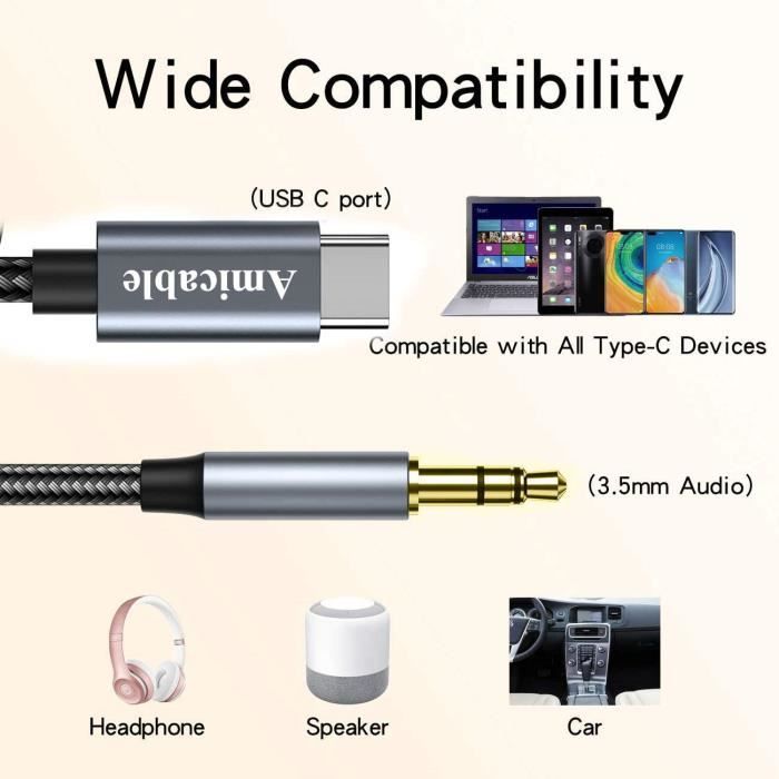 Câble Auxiliaire USB C vers 3,5mm Jack (1,2m) Type C 3.5mm Mâle