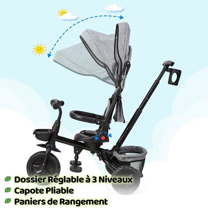 Tricycle Bébé Évolutif, Tricycle Enfant pour 10 Mois à Ans en