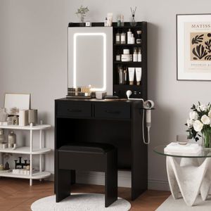 Coiffeuse Bois Sombre et Noir en Métal Polyester et MDF avec Tabouret