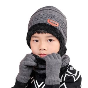 Enfant en bas âge unisexe hiver Pom Pom bonnet chapeau écharpe gants  ensemble tricot chaud chapeau polaire cou chaud garçons filles 2-10 ans  gris