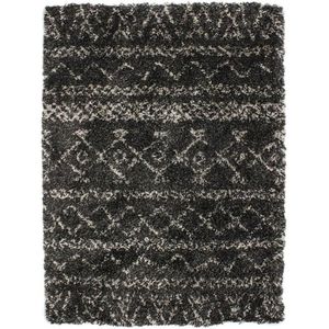 TAPIS DE COULOIR ASMA - Tapis style Berbère à poils longs motifs tribal en polypropylène 133 x 190 cm Noir et Blanc