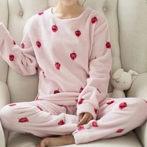 HAIBI Pyjama Femme Hiver，Polaire Pyjama Flanelle Filles Vêtements De Nuit  Chauds Pyjamas Ensemble De Pyjama Imprimé Élan Pull Corail Polaire Maison