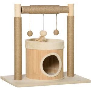 ARBRE À CHAT PawHut Arbre à chat niche maison pour chat cabane chat griffoirs grattoir jute jeu boules suspendues plateforme ronde