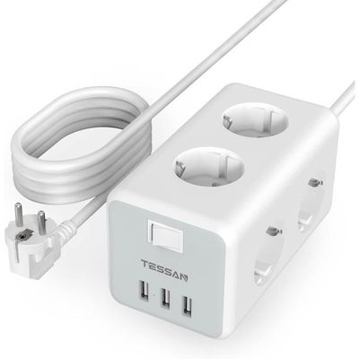 Multiprise et distributeur CEE Inkax Multiprise 3 prises plus 4 ports USB  24A Câble 2m Antistatique Blanc