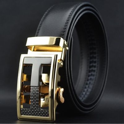 Ceinture Homme En Cuir Véritable Grande Taille - Boucle Automatique Dorée, Neuve