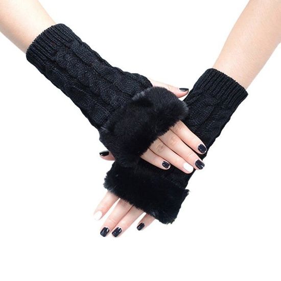 Mitaines Sans Doigts Bebe - Noires En Maille Fausse Fourrure - Taille Unique