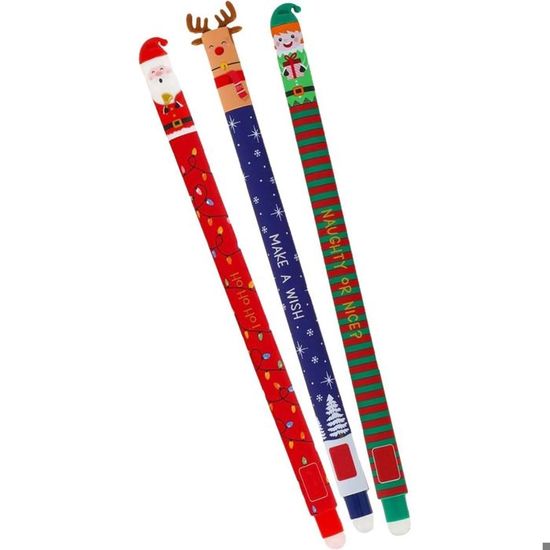 Lot de 3 stylos de Noël effaçables - Rouge, bleu, vert - Édition spéciale de Noël - Stylos à encre effaçables - Pour dessiner