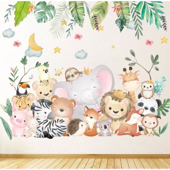 Stickers Muraux Animaux Jungle Decalmile - Girafe, Éléphant Safari - Déco Chambre Enfant - 2 Feuilles 30x90cm
