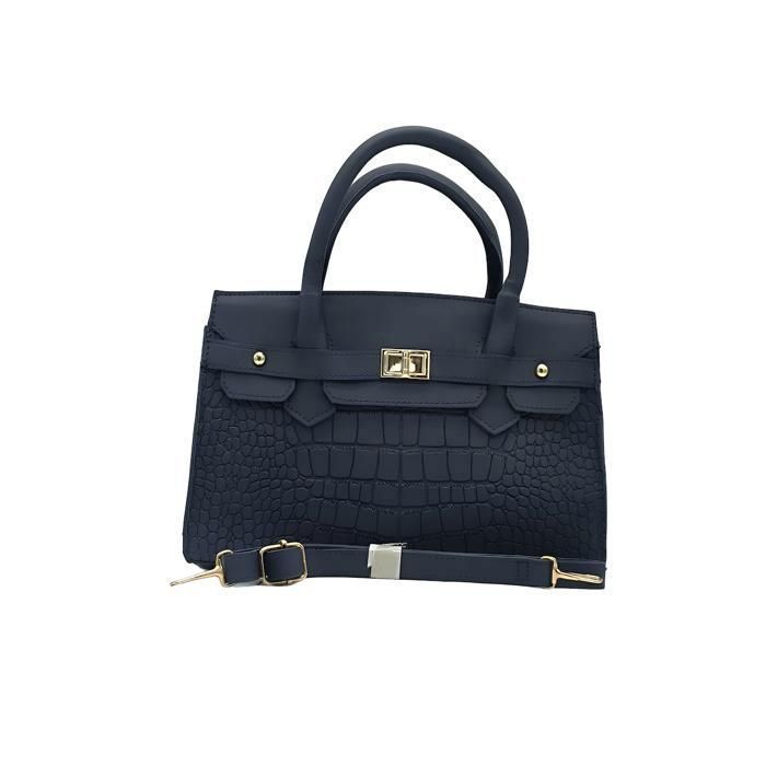 Sac à Main - Femme - Fabriqué en France - Cuir - Marine - Motif - Crocodile - Bandoulière Amovible - 29 x 17 x 8 cm