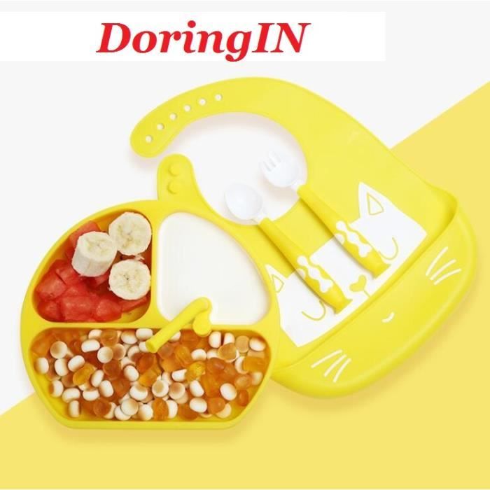 Assiette pour Bébé avec Bavoir Playtemat & Assiette en Silicone Antidérapante avec Ventouse pour Enfant