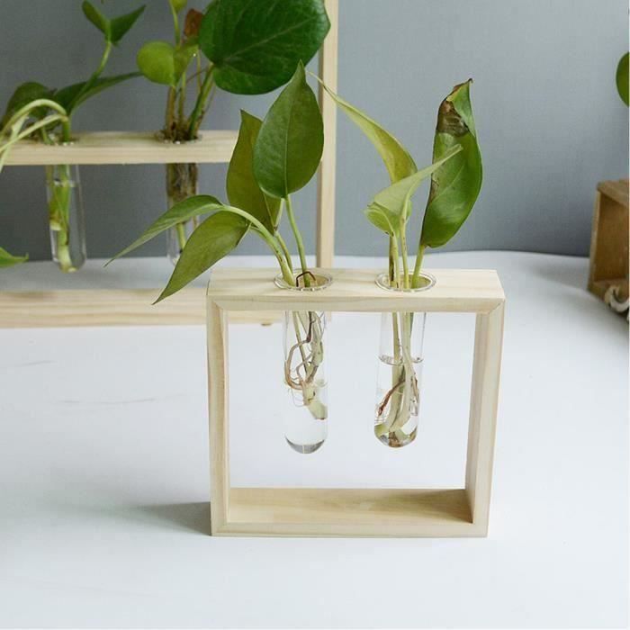Bureau en Verre Pot de Fleurs Plante Pour Terrarium Avec Support En Bois Porte Vase Hydroponique Plantes Vase Transparente S SA18896