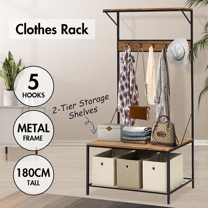 99 x 40 x 180cm Meuble d’entrée Vestiaire Porte-Manteau Style Industriel Vintage Avec Étagère à Chaussures + 9 Crochets
