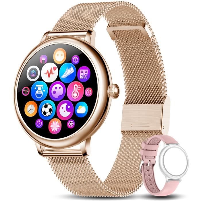 Montre Connectée Femme Or, Smartwatch Sport , Podomètre Calorie, Fitness +1 bracelet rose offert