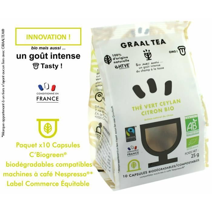 GRAALTEA THÉ VERT CEYLAN CITRON Bio & Équitable en capsule biodégradable compostable compatible machine Nespresso* - Arôme naturel