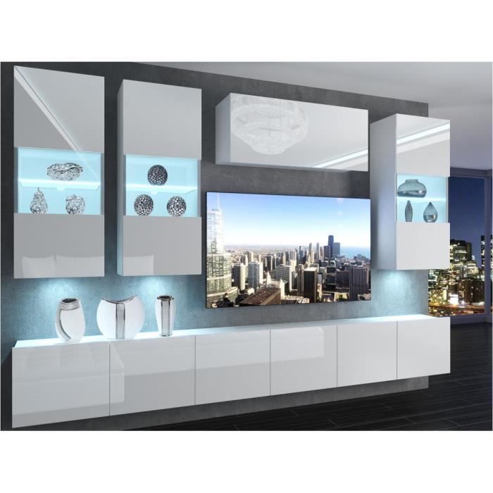 RAMONE - Ensemble meubles TV avec LED - Unité murale - Largeur 300 cm - Mur TV finition gloss - Blanc