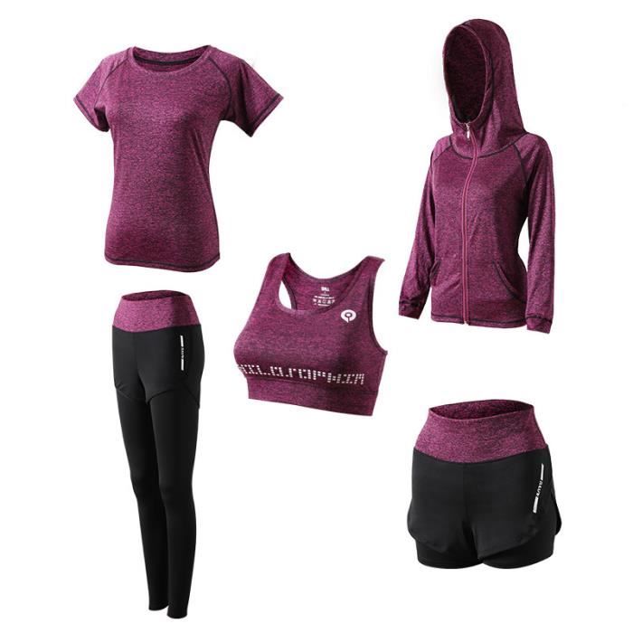 Ensemble de vêtements de sport femmes 5 pièces de Yoga(Soutien-gorge+T-shirt+Veste à capuche+Short+Pantalon) Fitness Séchage rapide