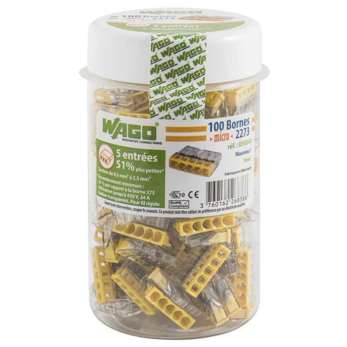 Pot de 100 mini bornes 5 fils S2273 WAGO