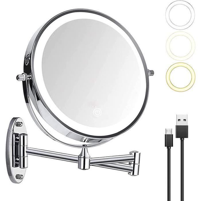 Miroir Maquillage LED Double Face - 10X Grossissant - Pliable USB - Blanc 28.5 Cm