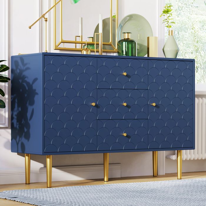 Dripex Commode de Chambre - 2 portes 3 tiroirs - Plateau réglable - Buffet Bas Salon 82x120x40cm - Bleu marine
