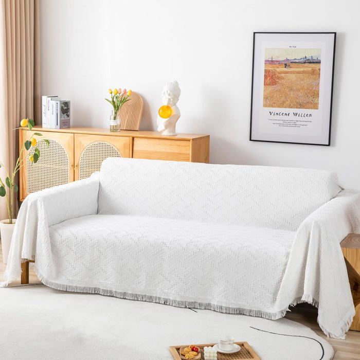 Multifonction Serviette de Canapé Housse de Lit Grande Taille Housse de Canapé 3 Places 180X230cm Blanc