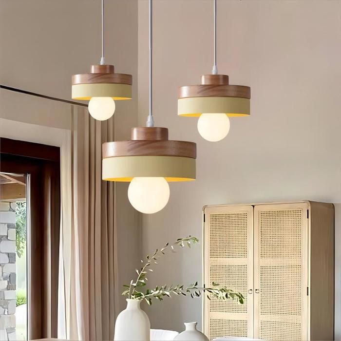 WOTTES Suspension en Bois et Métal - Jaune 3pcs - Ø18*10cm - E27 - Design rétro Rond - Éclairage intérieur Lustre Cuisine Salon