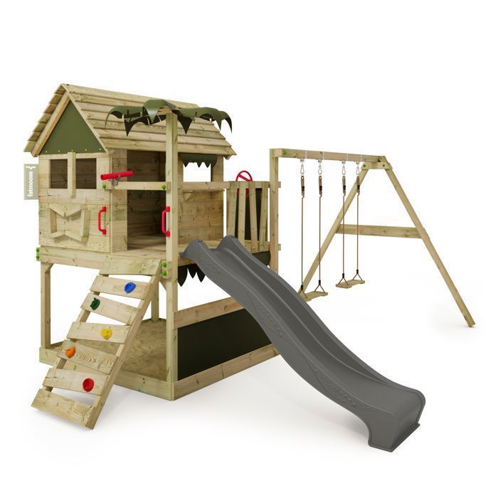 Tour de jeux bois FATMOOSE TikaTaka Town XXL avec toboggan 220 cm anthracite et bac à sable intégré – 10 ans de garantie*
