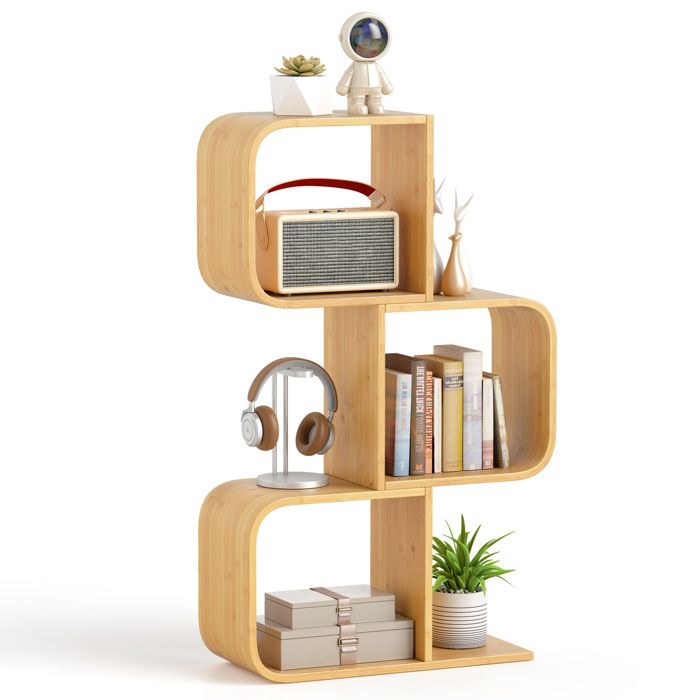 COSTWAY Bibliothèque en Forme de S à 3 Niveaux 3 Cubes Ouverts Etagère de Rangement en Bambou au Sol pour Salon Bureau Naturel
