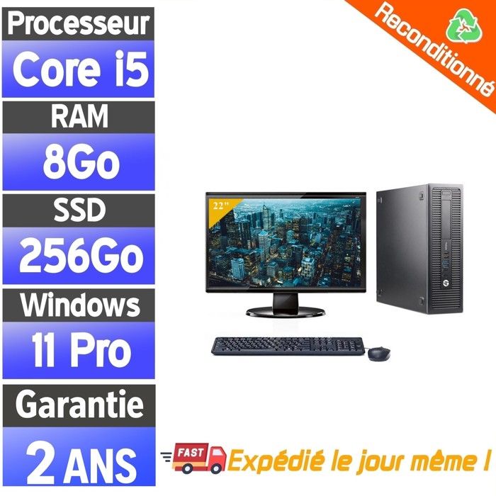 Ordinateur Bureau avec - Moniteur 22 - Processeur Intel i5 6G - 8 Go RAM - Stockage SSD 256Go - Win 11 Pro - HP - Dell - Lenovo - Dell