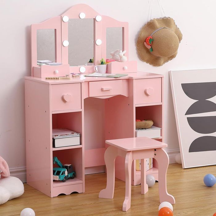 Coiffeuse Enfant - PROMIRACAL - Miroir Amovible - 5 Tiroirs - 70x34x100cm - Rose
