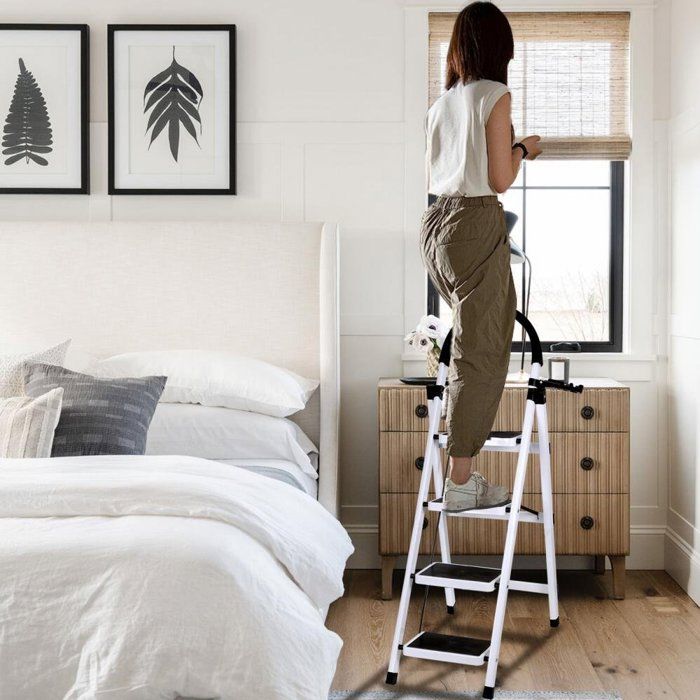 MIPAN.Escabeau en Acier 4 Marches - Tabouret Marche Pied Pliant Echelle avec Pieds Anti Dérapant - Max:120KG -Blanc