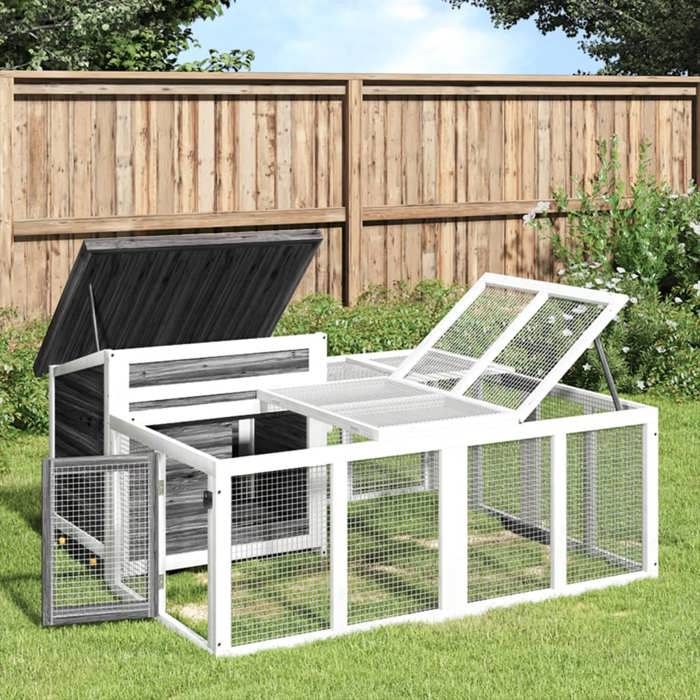 63012& Clapier gris 144x123x675 cm - 5 à 6 poules - Aspect Bois de pin massif