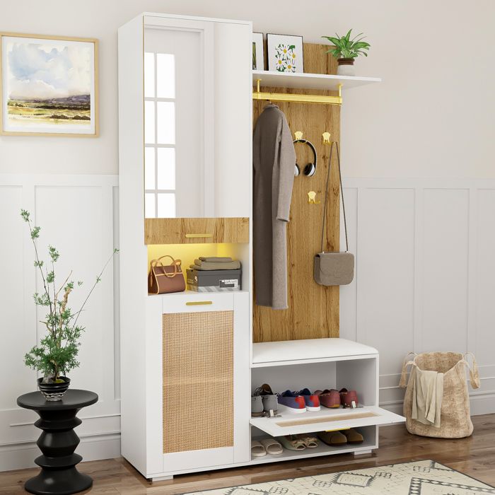 Ensemble de vestiaires ensemble darmoires avec miroir 5 patères dorées armoire à chaussures portemanteau mural compartiment