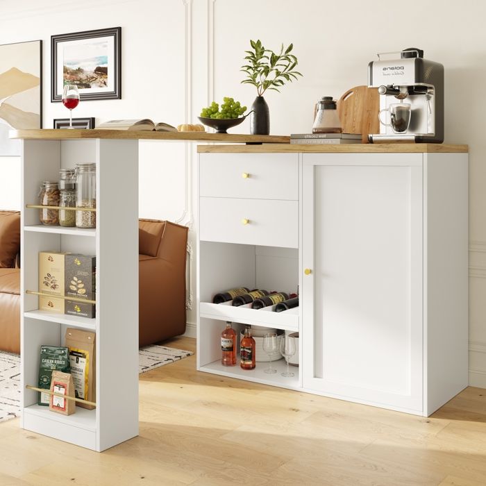 Meuble Bar Rotatif 360° avec 4 Tiroirs et Étagères Ouvertes Table de Bar Bois Blanc Or 138 cm Meuble Bar Rotatif 360° avec 4 Tiroirs et Étagères Ouvertes Table de Bar Bois Blanc Or 138 cm