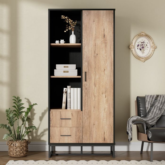 Vitrine - MODERNLUXE - 80x40x180 cm - Avec 1 porte et 2 tiroirs - 3 compartiments ouverts - Noir + naturel