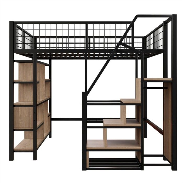 Lit mezzanine multifonction 140x200 cm avec rangements étagères et escalier - Adulte et enfant - Noir ancien - sans Matelas