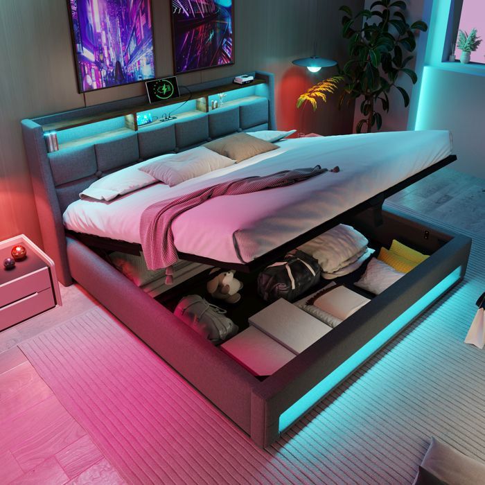 Lit Coffre 140x200 avec Ports USB Éclairage LED Multicolore Structure Métal et Tissu Lin Gris Lit Double Moderne (Sans Matelas)