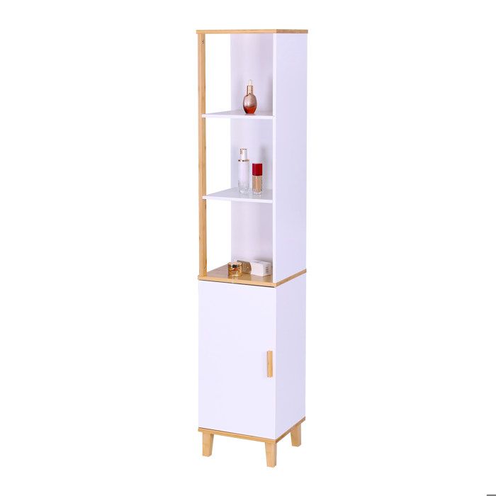 Armoire de salle de bain Relaxdays H x L x P : 169x33x31 cm 5 étagères bambou MDF haute étroite blanc/nature.