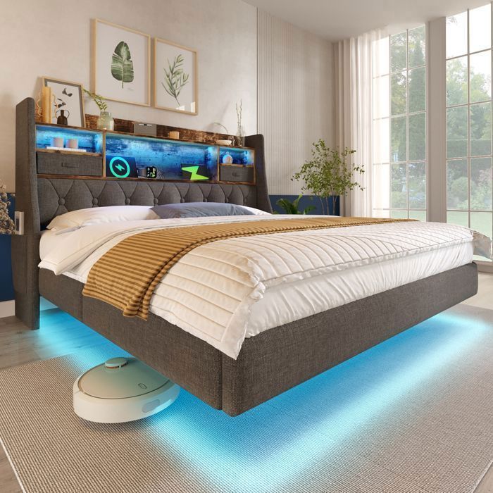 lit 2 personnes 180x200 cm avec éclairage LED et ports USB cadre de lit adulte avec tête de lit en lin lit double moderne gris