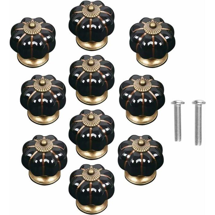 Boutons de porte - PZCC - Vintage citrouille - Céramique - Noir - Lot de 10