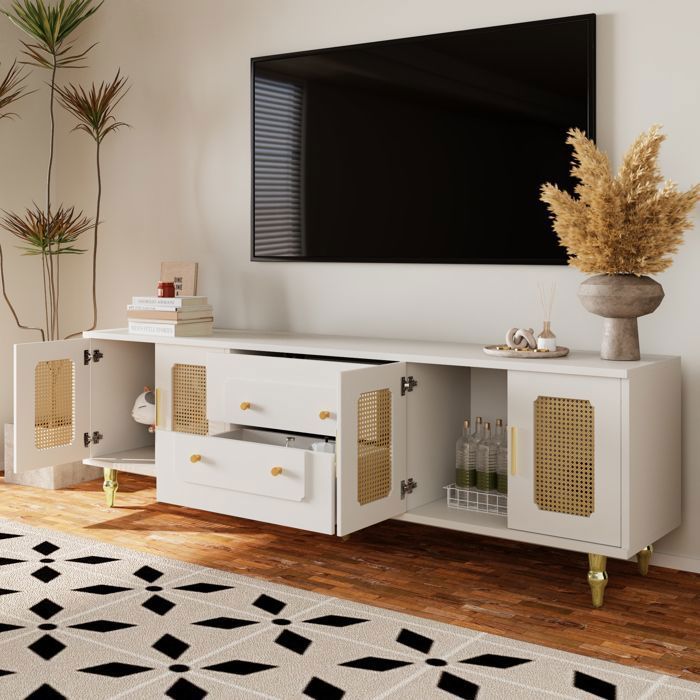 Meuble TV 175×38×555 cm blanc en panneau de particules portes en rotin PVC et pieds dorés