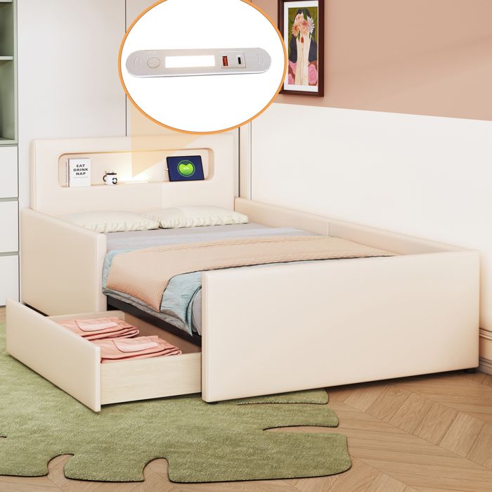 Lit enfant capitonné 90x200 cm avec LED veilleuse et port USB tiroirs - Beige (sans matelas)