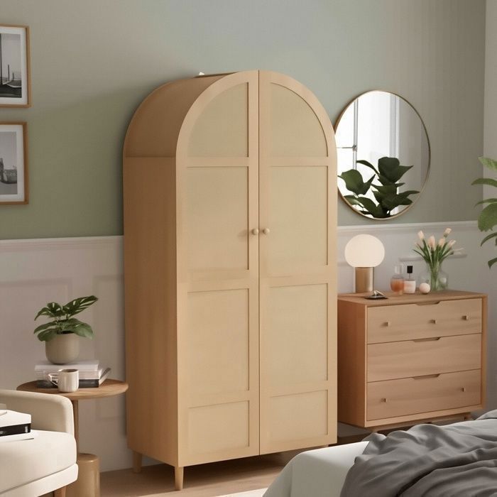 Armoire Penderie 80x50x179cm - 2 Portes en Rotin - Design Arqué Bohème - Tringle et Tiroir - Aspect Bois Naturel