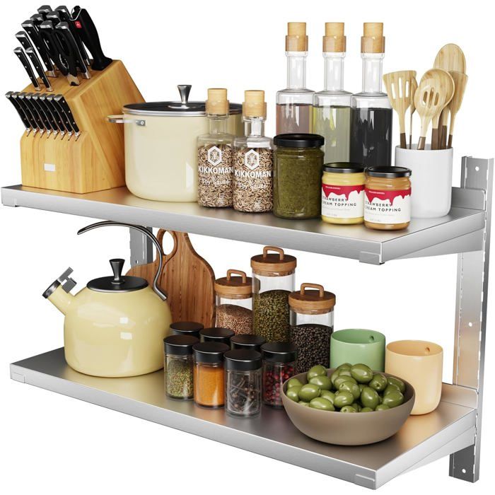 Étagère murale - HOLISANE - Réglable - Inox 100x32x55 cm - 2 niveaux - Facile à nettoyer
