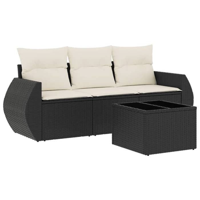 SALE 2026Meuble dExtérieur - canapés et Table dExtérieure Noir - Salon de jardin 4 pcs avec coussins noir résine tressée 33.4 K