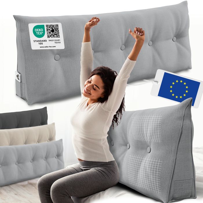 ELONEO coussin dossier lit 140 cm coussin triangulaire de lecture cale-dos avec housse lavable et poche latérale gris